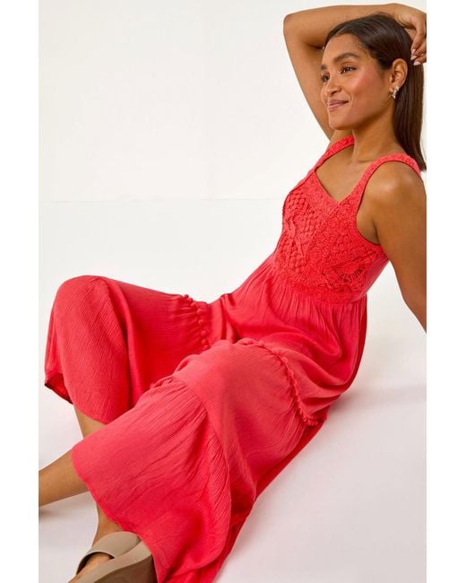 Roman Red Crochet Detail Cotton Blend Maxi Dress