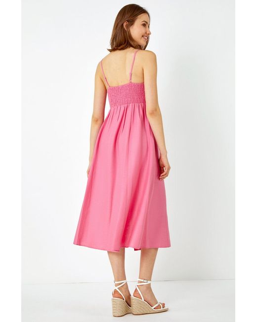 Roman Pink Sleeveless Gathered Midi Dress
