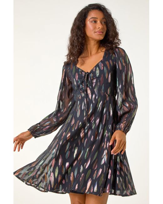 D.u.s.k Black Foil Print Tie Front Fit & Flare Dress
