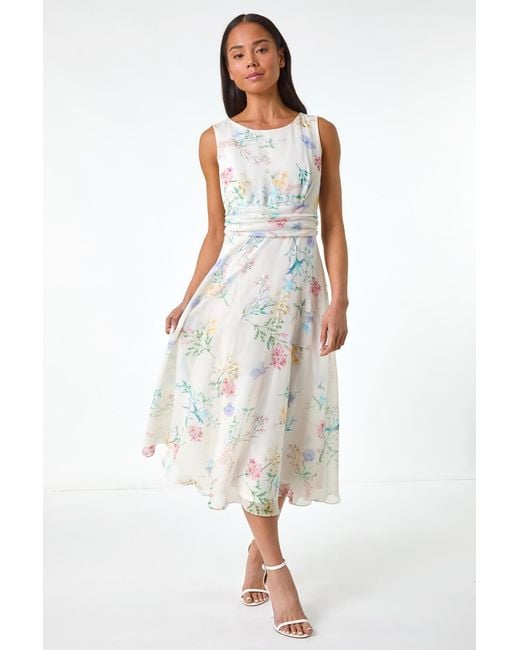 Roman Petite White Floral Gathered Waist Midi Dress