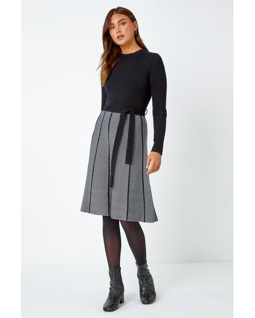 Roman Black Chevron Print Belted Jumper Dress