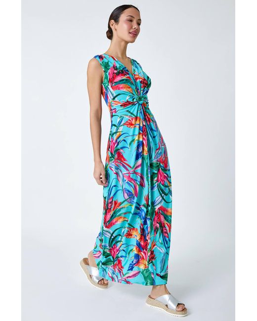 Roman Blue Tropical Twist Detail Stretch Maxi Dress