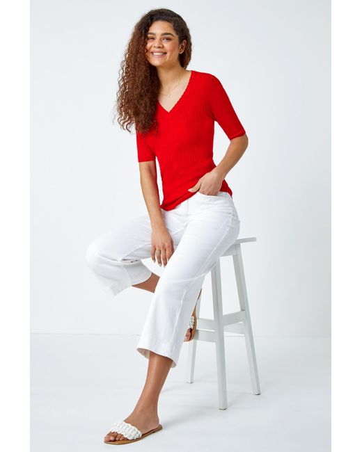 Roman Red Scallop Edge Ribbed Stretch Knit Top