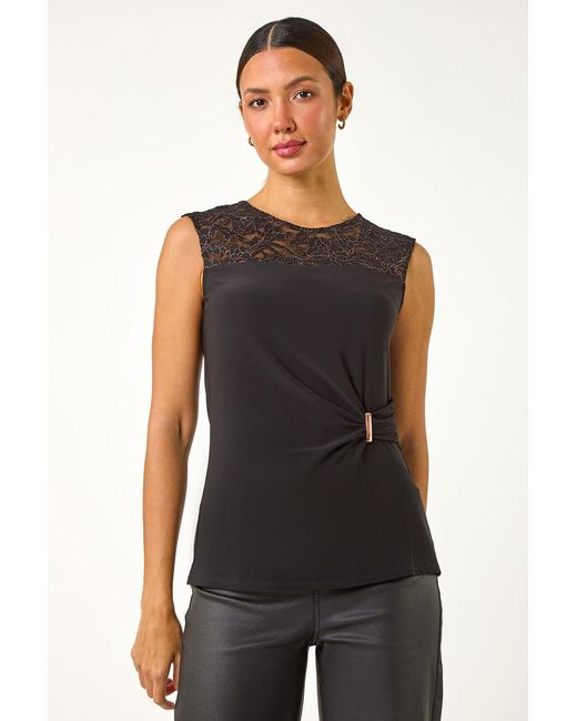 Roman Black Lace Yoke Gathered Waist Top