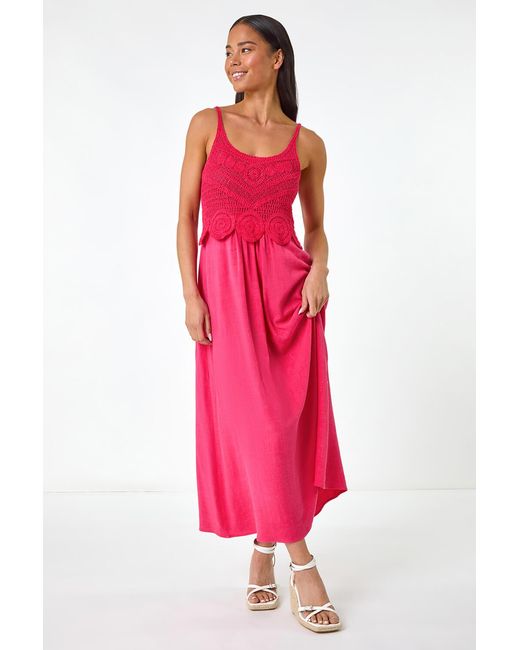 Roman Petite Red Crochet Contrast Midi Dress