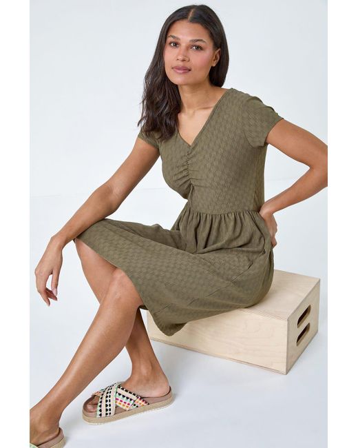Roman Green Textured Ruched Stretch Jersey Dress
