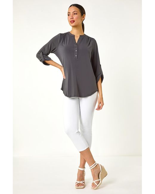 Roman Black V-Neck Button Detail Stretch Shirt