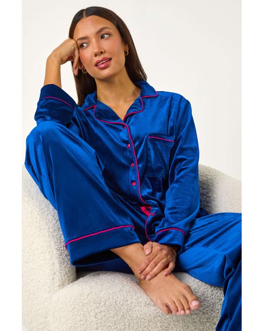 Roman Blue Velvet Rever & Collar Pyjama Set