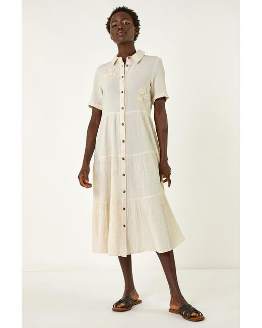 Roman Natural Embroidery Detail Tiered Midi Dress