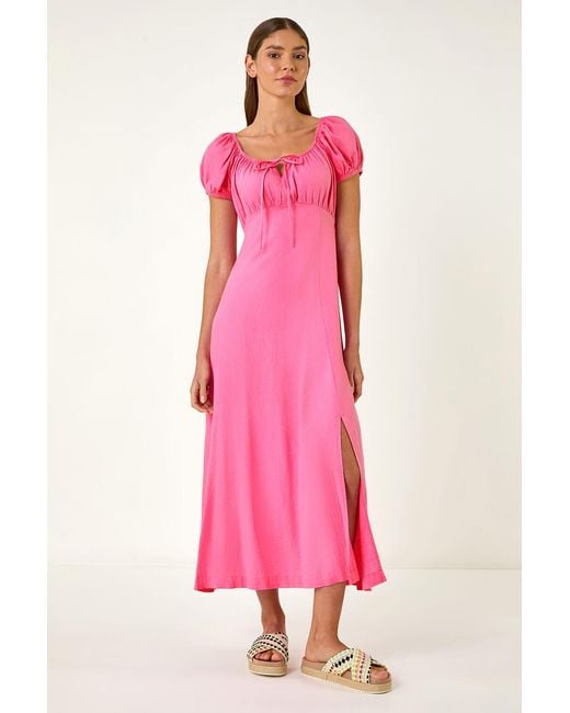 Roman Pink Puff Sleeve Linen Mix Midi Dress