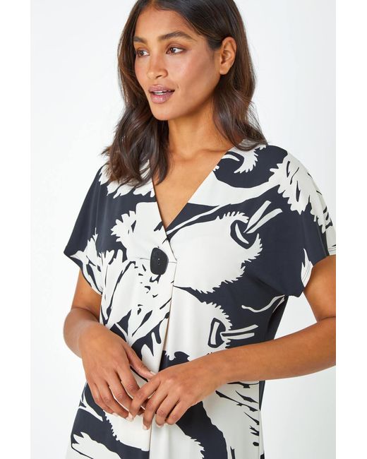 Roman White Palm Print Button Detail V-Neck Top