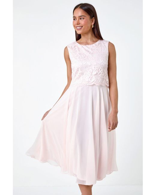 Roman Pink Originals Petite Chiffon Overlay Lace Midi Dress