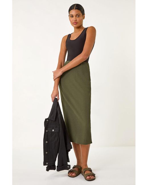 Roman Green Textured Stretch Midi Skirt