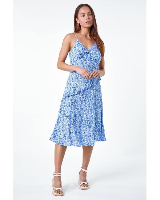 Roman Petite Blue Ditsy Floral Frill Midi Dress
