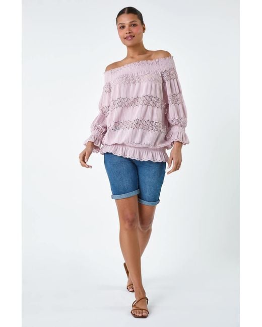 Roman Pink Lace Insert Frill Bardot Top