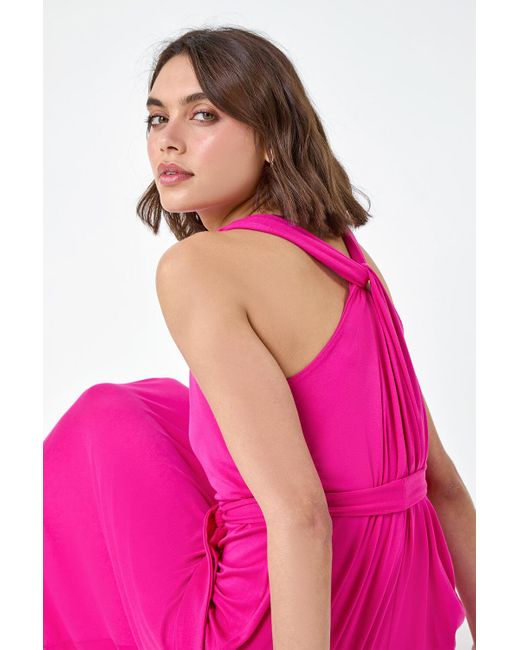 Roman Pink Tie Detail Stretch Midi Dress