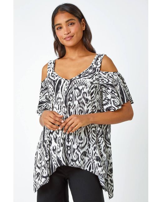 Roman Black Aztec Cold Shoulder Hanky Hem Top