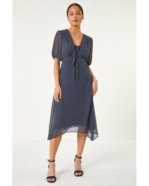 Roman Petite Blue Spot Print Lace Bow Midi Dress