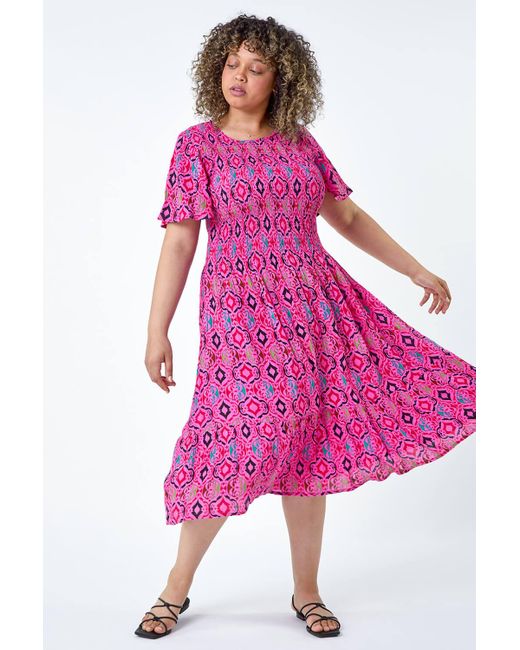 Roman Pink Originals Curve Printed Crinkle Shirred Midi Dress