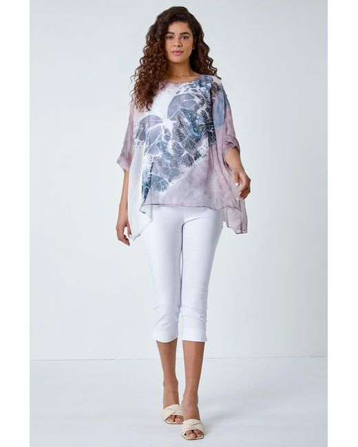 Roman White Butterfly Print Overlay Top