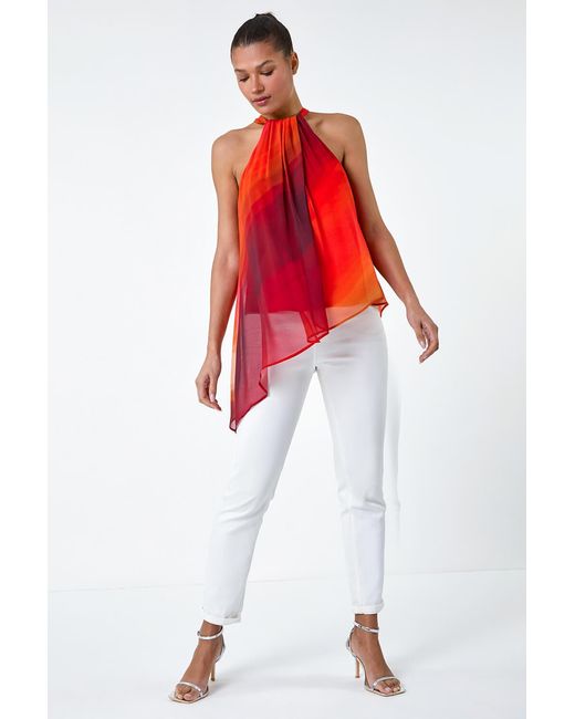 Roman Red Halterneck Ombre Print Asymmetric Chiffon Top
