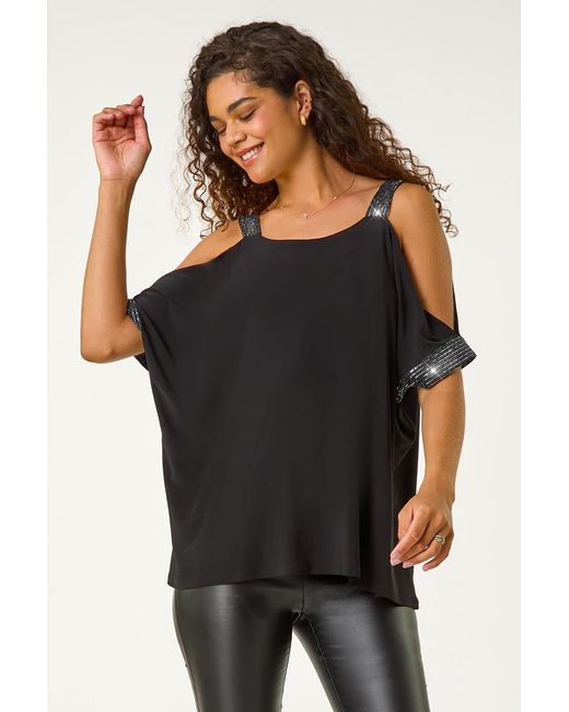 Roman Black Shimmer Cold Shoulder Stretch Jersey Top