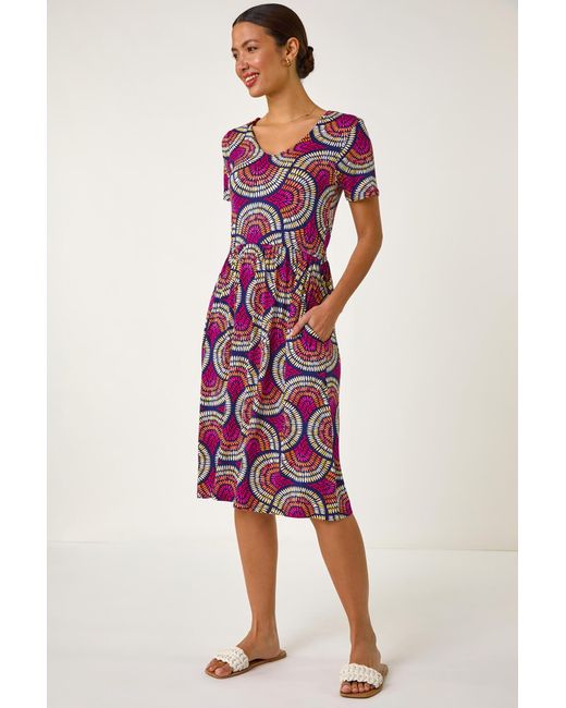 Roman Red Abstract Print Stretch Midi Dress