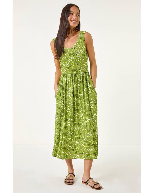 Roman Petite Green Ditsy Floral Gathered Dress