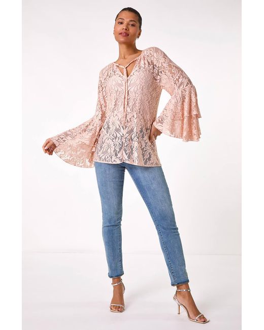 Roman Pink Tie Neck Lace Detail Top