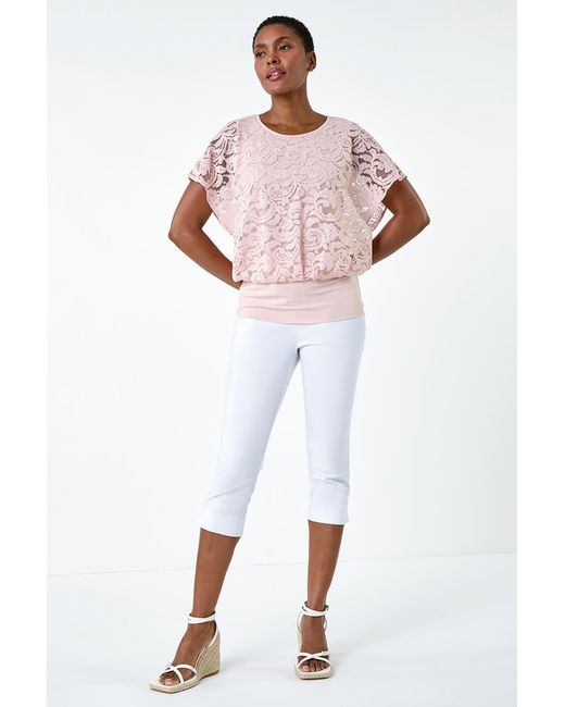 Roman Pink Lace Stretch Banded Hem Top