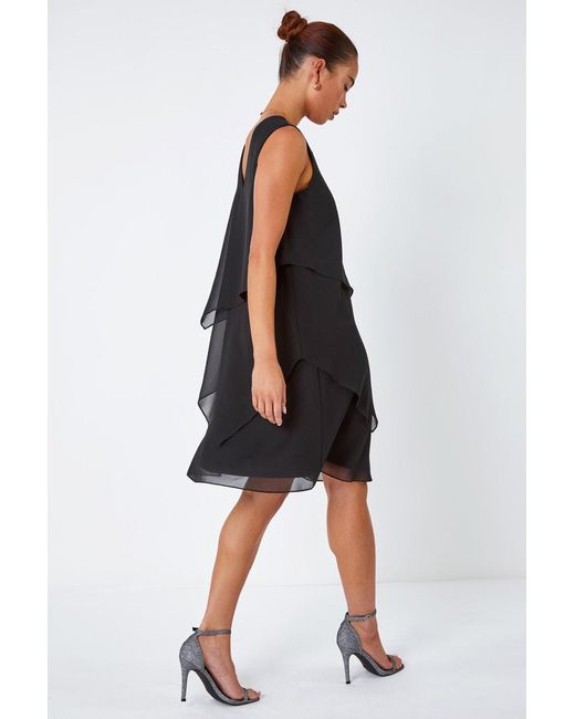 Roman Petite Black Embellished Chiffon Tiered Shift Dress