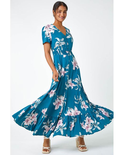Roman Blue Floral Print Shirred Waist Maxi Dress