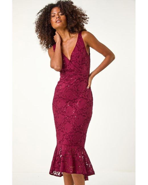 D.u.s.k Red Rose Lace Peplum Stretch Midi Dress
