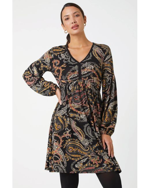 Roman Black Paisley Print Stretch Dress