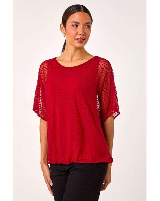 Roman Red Spot Burnout Detail Mesh Top