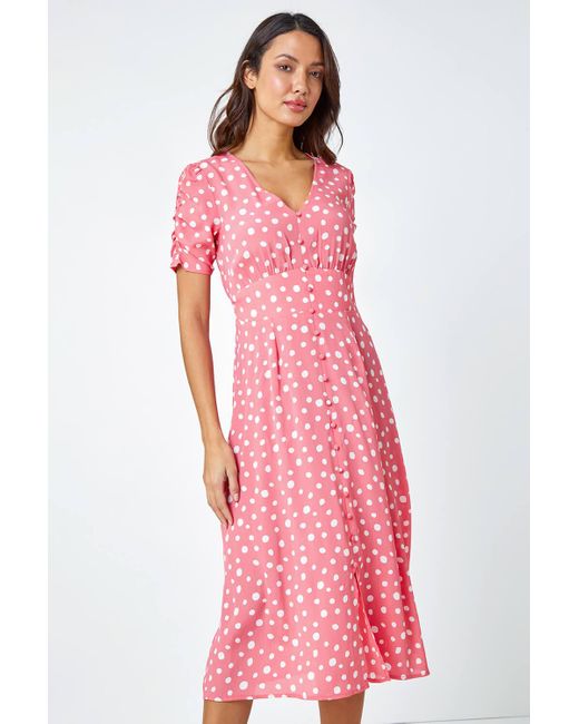 Roman Pink Polka Dot Ruched Sleeve Midi Dress