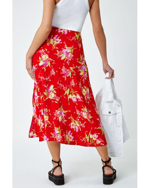 D.u.s.k Red Floral Asymmetric Frill Midi Skirt