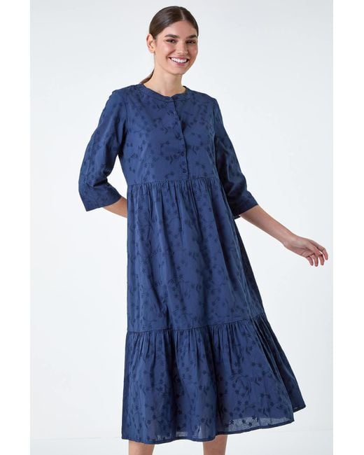 Roman Blue Embroidered Tiered Cotton Midi Dress