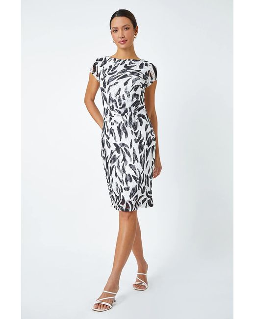 Roman Blue Leaf Print Stretch Bodycon Lace Dress