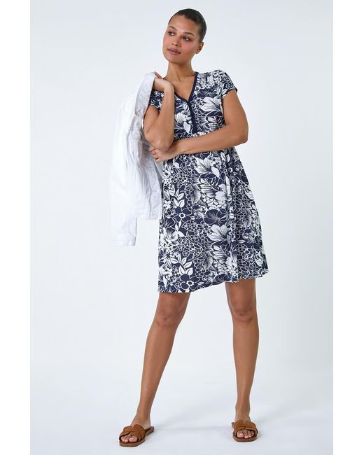 Roman Blue Floral Gathered Stretch Jersey Dress