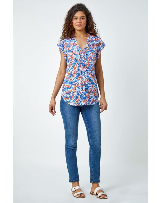 Roman Blue Ditsy Spot Button Through Frill V-Neck Blouse