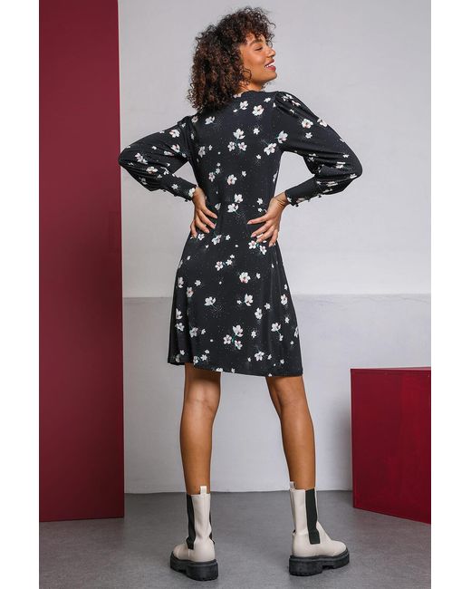 D.u.s.k Black Floral Print Fit & Flare Tea Dress