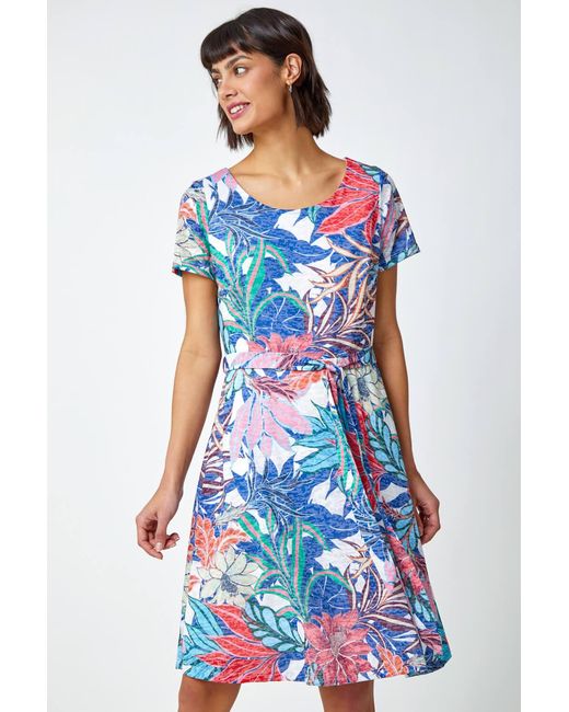 Roman Blue Tropical Burnout Print Belted Skater Dress