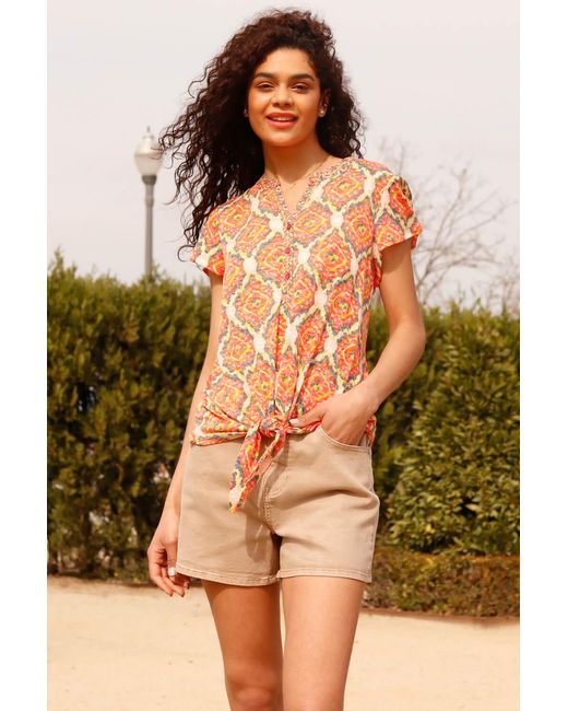Roman Brown Geometric Print Tie Front Top