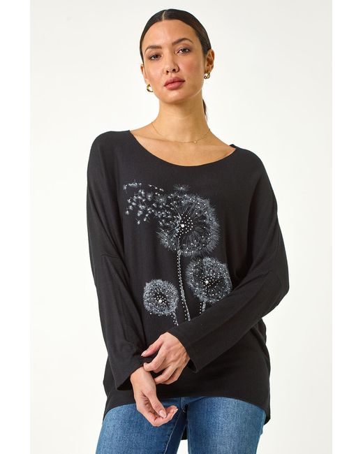Roman Black Hotfix Dandelion Stretch Knit Top