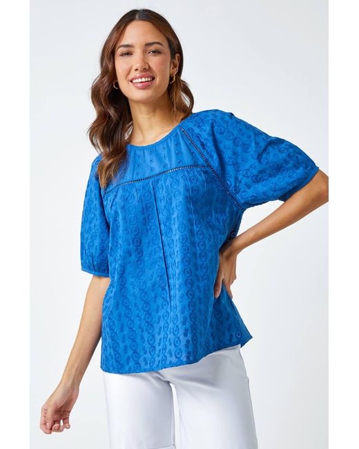 Roman Blue Broderie Puff Sleeve Cotton Top