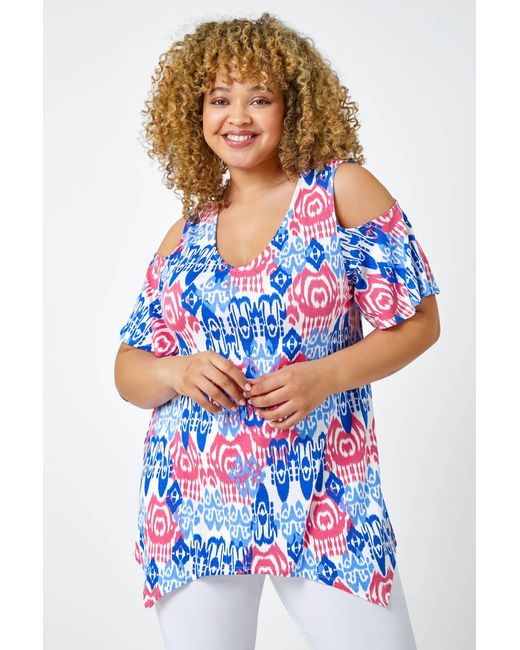 Roman Curve Blue Abstract V-Neck Cold Shoulder Top