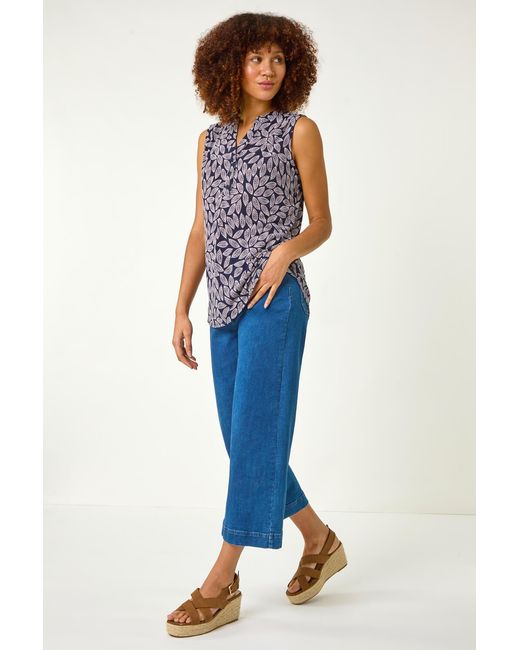 Roman Blue Leaf Puff Print Stretch Top