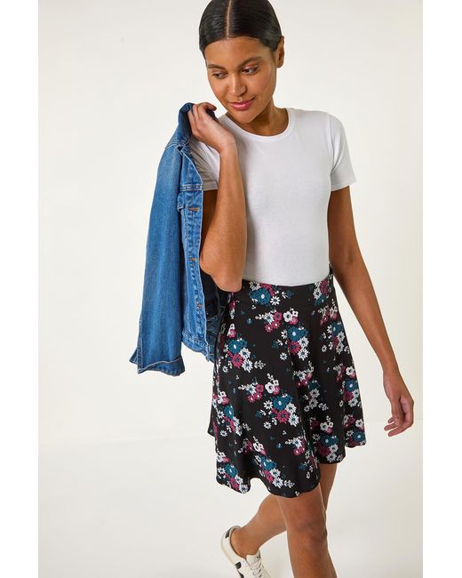 Roman Blue Floral Print Skater Stretch Skirt