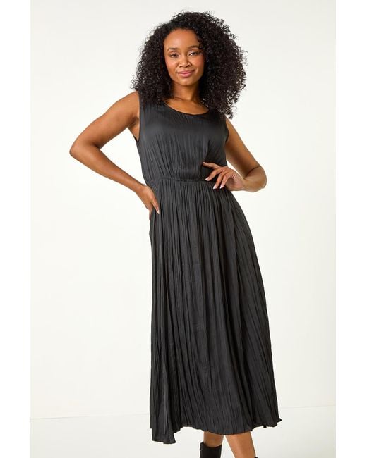 Roman Petite Black Crush Pleat Midi Dress